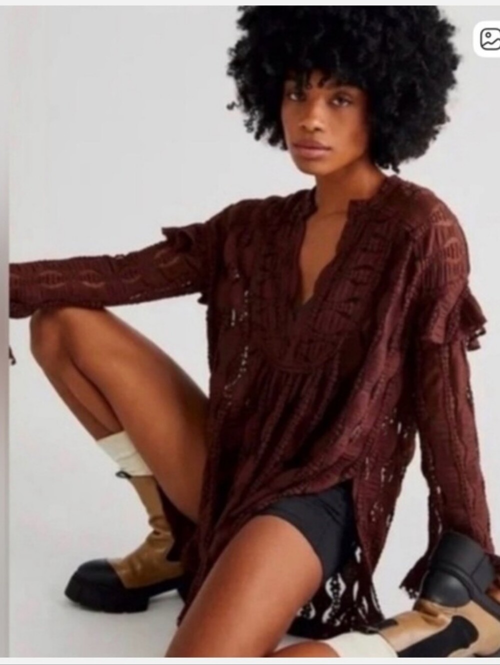 Free People Candy Shop Brown Crochet V-Neck Tunic Top